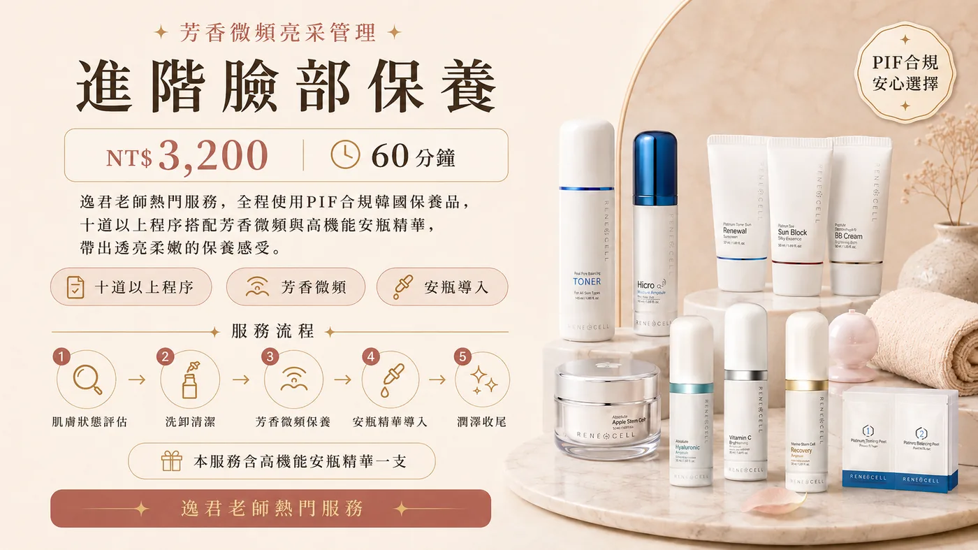 進階臉部保養，含高機能安瓶導入，逸君老師親自服務